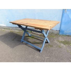 #1677 Antique Pine X-leg Table (blue base - waxed top)