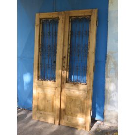   Antique Pine Stripped Double Doors with Iron Panel (pair of two)