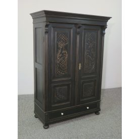 #2585 Black Antique Pine wardrobe with carved front panels