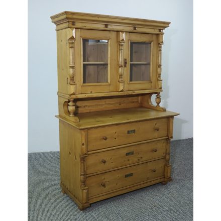 #2610 Antique pine glass-front Hutch with Storage Drawers - finished with wax 