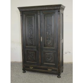   #2691 Antique pine wardrobe with carved front doors and bottom drawer