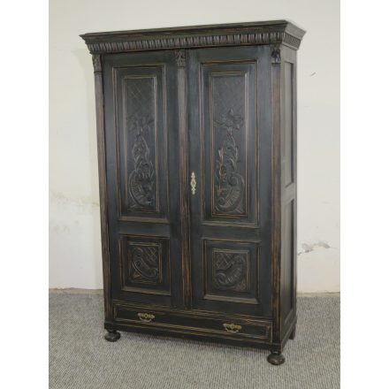 #2691 Antique pine wardrobe with carved front doors and bottom drawer