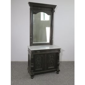 #2759 Black hall cabinet with mirror and white marble top