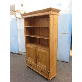 Waxed Pine Bookcase with Cabinet Doors and Bottom Drawer