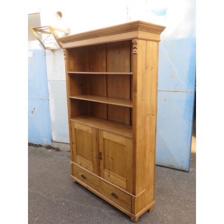 Waxed Pine Bookcase with Cabinet Doors and Bottom Drawer